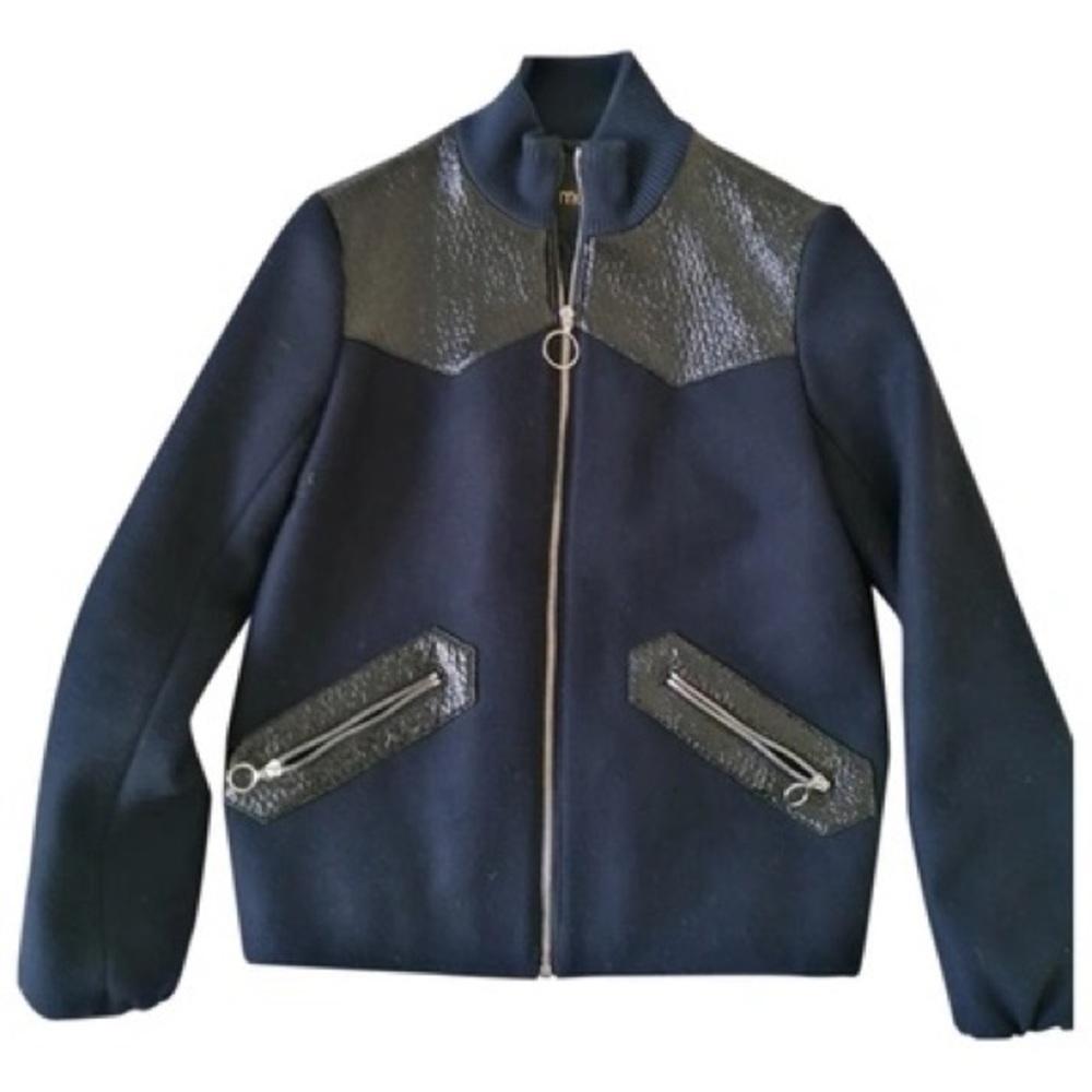 Maje Navy Blue & Black Bikercore Blousson Zipper Wool Jacket